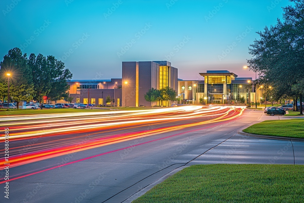 Vibrant Evening Cityscape with Light Trails from Passing Cars Near Modern Commercial Building Under Clear Blue Sky at Dusk