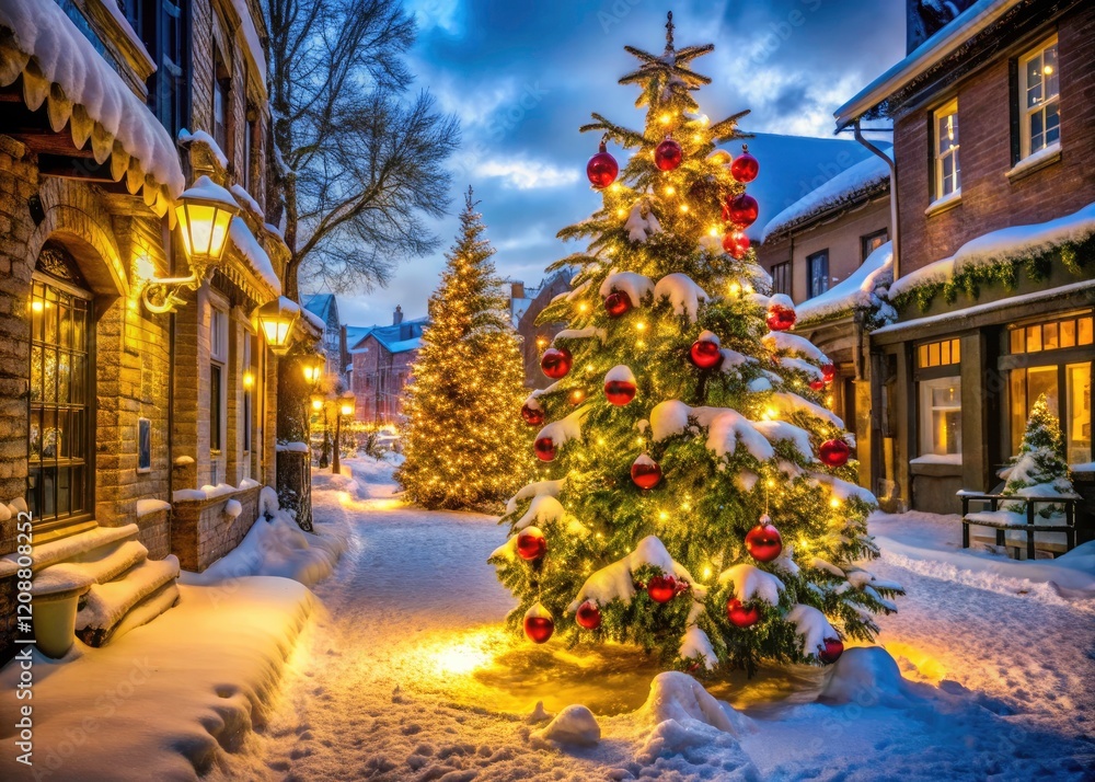 Fototapeta premium A magical winter scene: a glowing Christmas tree centerpiece in a cheerful, snowy holiday street.