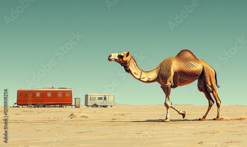 Camel walks past desert trailers.