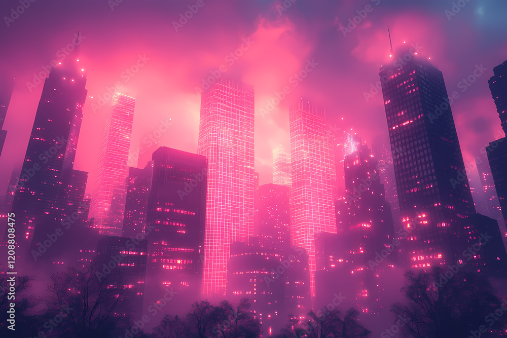 Obraz premium A futuristic cityscape where real buildings are overlaid with holographic structures and glowing digital grids. A seamless blend of physical and virtual worlds