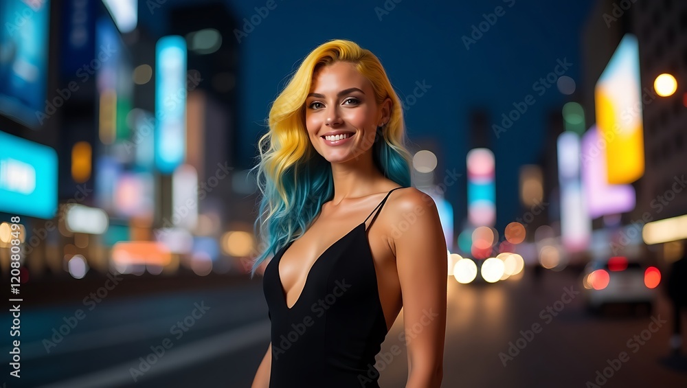 Fototapeta premium Vibrant City Nights: Stylish Woman with Blue and Yellow Hair