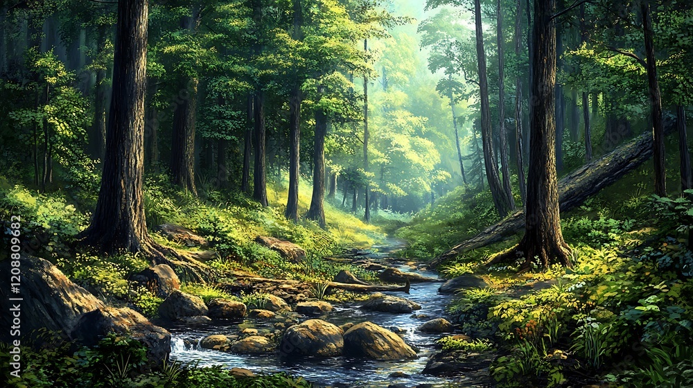 Fototapeta premium Sunlit Creek Winding Through a Lush Green Forest