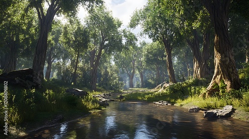 Sunlit Stream Winding Through a Lush Green Forest