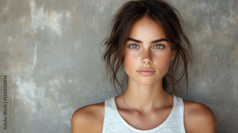 Portrait of a beautiful young woman with flawless, fresh skin, wearing a sleeveless body, emphasizing health and beauty, with a bright minimalistic background and clean, modern aesthetic
Portrait of a beautiful young woman with flawless, fresh skin, wearing a sleeveless body, emphasizing health and beauty, with a bright minimalistic background and clean, modern aesthetic