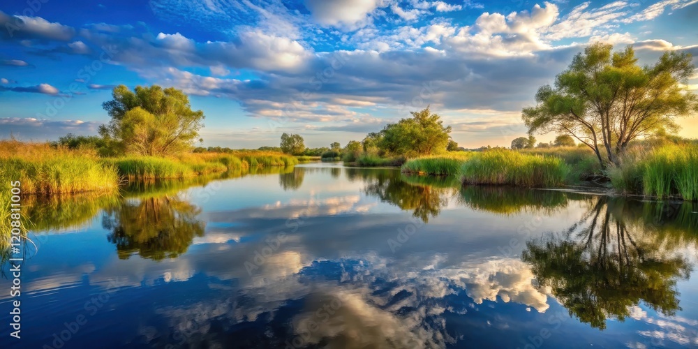 Obraz premium A serene wetland landscape with diverse plant life, calm water, and reflections of the sky above , wetland