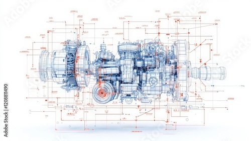 Abstract digital illustration of a mechanical design with blueprints, gears, and circuit elements on a white background.