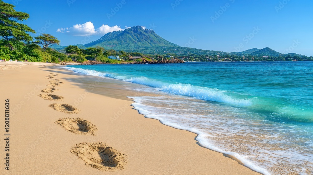 Tropical beach footprints, volcano view, vacation postcard Tropical beach footprints, volcano view, vacation postcard