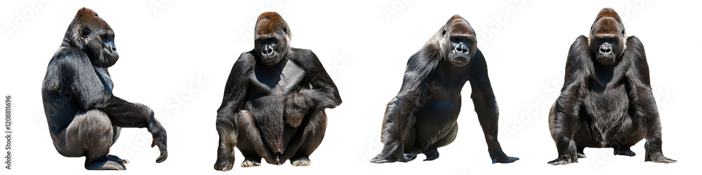 Fototapeta premium Gorillas sitting in different postures isolated on transparent background