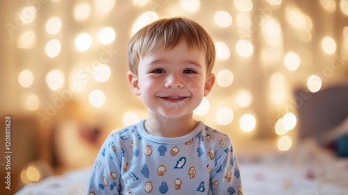 Adorable 2-year-old boy in his pajamas in his cozy bedroom, waiting for bedtime, warmed by soft light