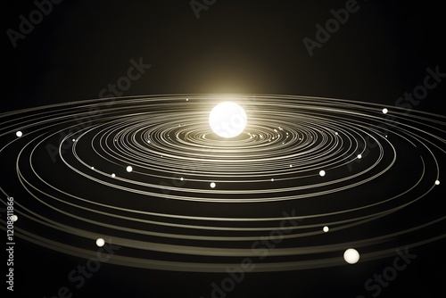 3D solar system animation, black background, sun in the center and planets orbiting around it
