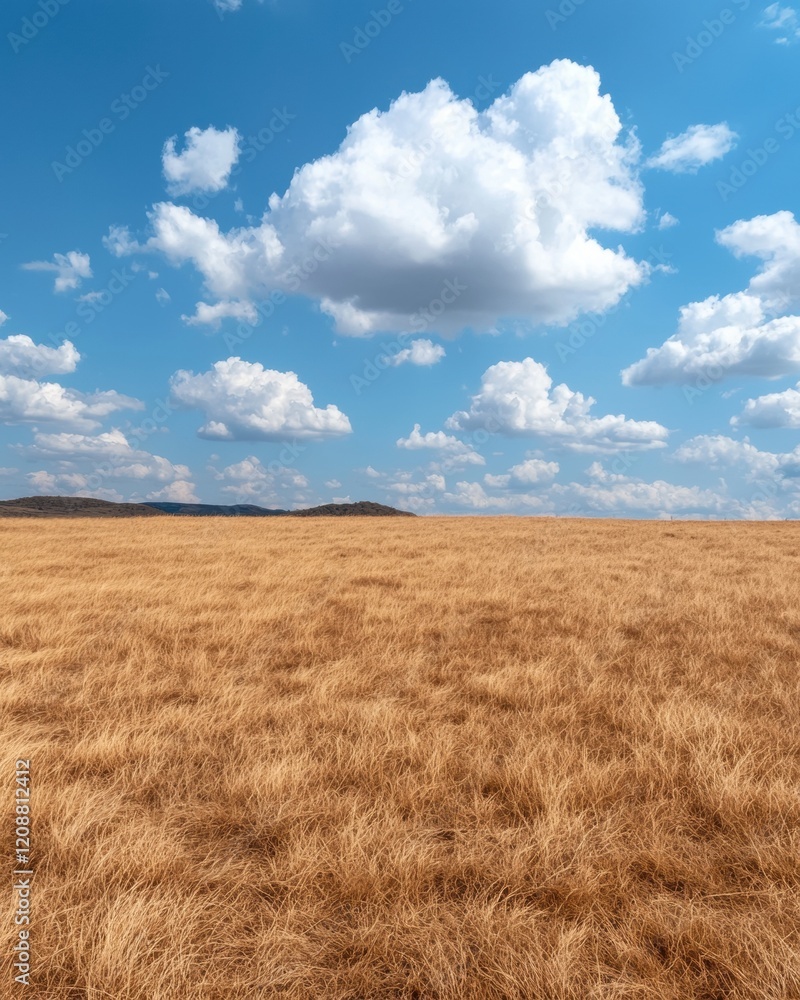 Golden field under a blue sky with fluffy clouds Golden field under a blue sky with fluffy clouds