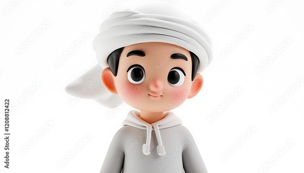 Adorable Cartoon Boy in Headscarf: Gentle, Whimsical 3D Render