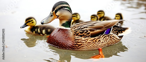 Female mallard duck with ducklings swimming on calm water. photo