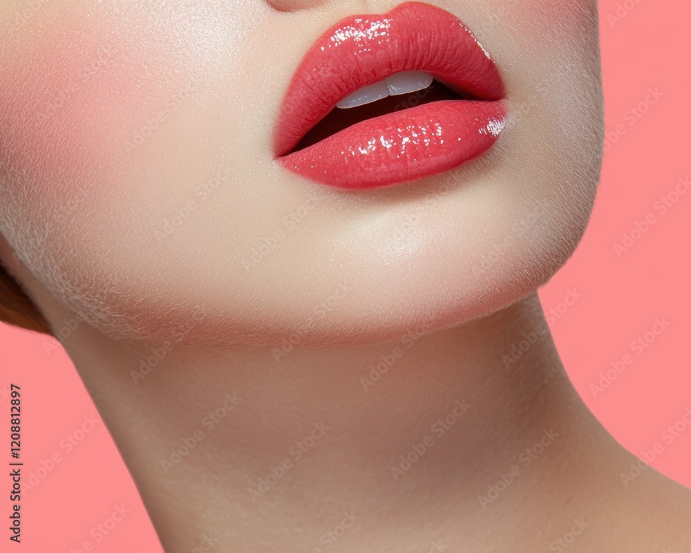 Obraz premium Close-up of woman's lips with glossy pink lipstick