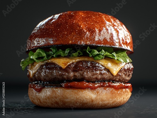 Juicy beef burger with melted cheese and lettuce on a toasted bun photo