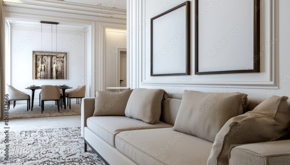 Fototapeta premium Blank frames above an elegant sofa in a warm, minimalist living room.