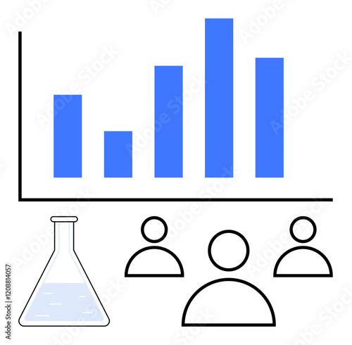 Bar chart representing data analysis, chemistry flask symbolizing research, and team icons for collaboration. Ideal for data science, teamwork, education, science, innovation, analytics abstract