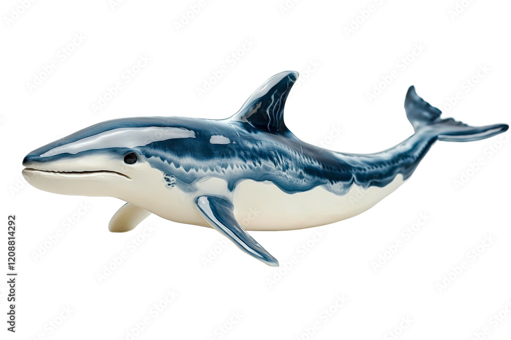 Fototapeta premium Ceramic shark figurine in elegant blue and white design on a plain background isolated on transparent background