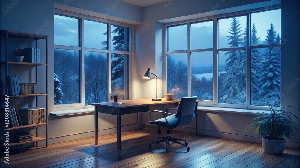 Fototapeta premium Calm lofi desk interior on a cold winter evening, empty study room with chill vibes, 4k wallpaper background, lofi, desk