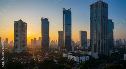 Jakarta City Skyline with Iconic Buildings Against a Colorful Sunset