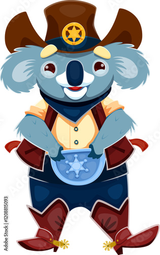 Cartoon koala wild west animal character dressed as a sheriff, featuring a cowboy hat with a badge, vest, boots with spurs and holding sheriff star badge. cute whimsical adorable animal western ranger