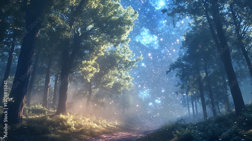 Obraz premium A Mystical Forest Path Under a Starry Sky