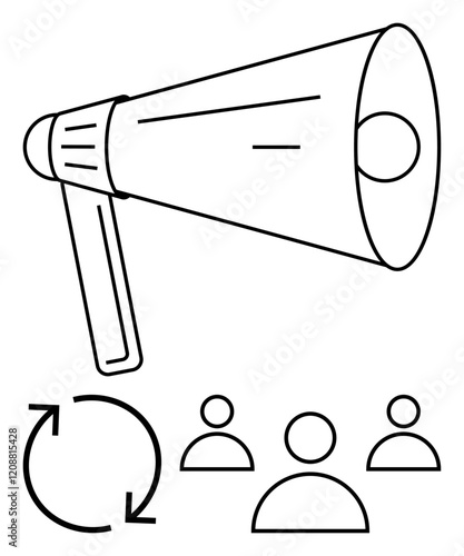 Megaphone symbolizing communication, three user icons for audience, circular arrows for feedback loop. Ideal for marketing, teamwork, leadership, collaboration, messaging, audience engagement