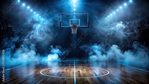 Dark and dramatic high school basketball court with blue smoke and LED lights , dramatic, intense, high school, sports