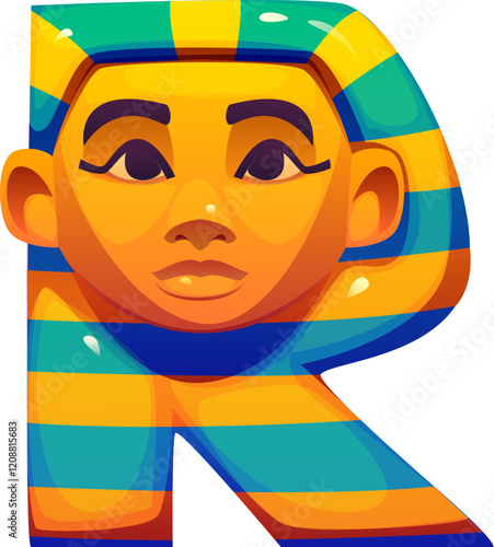 Cartoon Egyptian font pharaoh face R letter. Africa history font typeset P letter, ancient civilization vector game alphabet symbol or egyptian mythology ABC element with pharaoh sarcophagus