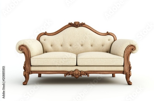 Elegant cream fabric loveseat with ornate wooden frame isolated on white. photo