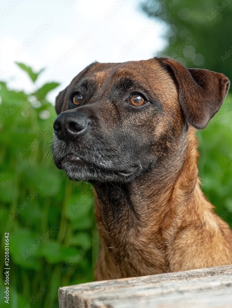 Close-up portrait of a brown brindle dog looking to the left, outdoors Close-up portrait of a brown brindle dog looking to the left, outdoors