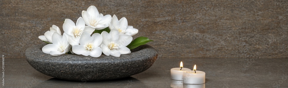 Spa-like setting with white flowers and candles Spa-like setting with white flowers and candles