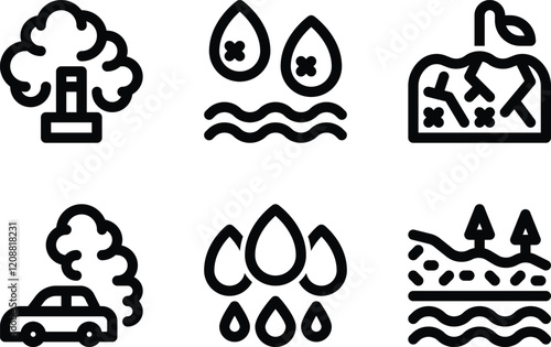 air pollution, water pollution, soil pollution, car emission, water, groundwater outline icon