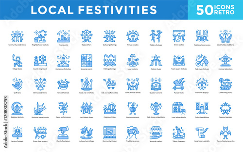 Local festivities icon set with community celebrations, neighborhood festivals, town events, regional fairs, cultural gatherings, annual parades, folklore festivals icon. Simple retro vector 
