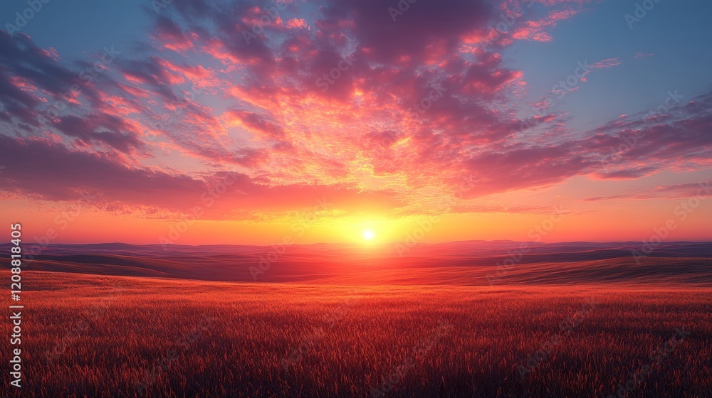 Fototapeta premium Fiery sunset over rolling red fields.