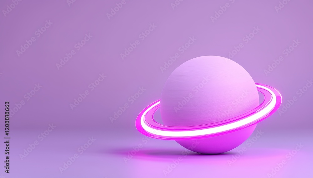 Obraz premium A minimalist design featuring a glowing pink sphere surrounded by a ring on a purple background.