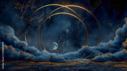 Golden Rings and Moonlit Sky in a Celestial Fantasy Scene.. photo