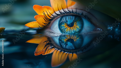 eye with flower reflection creates captivating vision of harmony with water that evokes deep contemplation and serenity