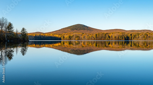 Autumn scene of calm lake reflecting forested mountain creates peaceful, serene view