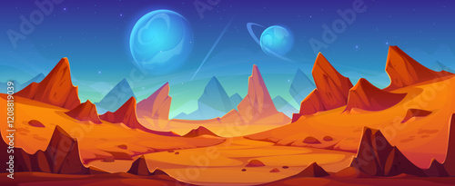 Mars planet landscape with red rocky desert terrain and mountains under starry sky with blue glowing distant planets. Cartoon vector futuristic game background capture the essence of space exploration