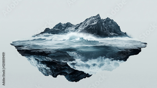 dynamic double exposure featuring mountain island floating above turbulent water, conveying sense of tranquility and raw power within its harmony