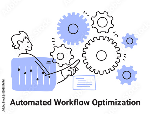 Automated workflow optimization concept with gears person interacting with controls blue accents minimalist design