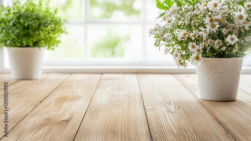 Polished wood table with shimmering grain  blurred fresh flower arrangements  delicate and inviting