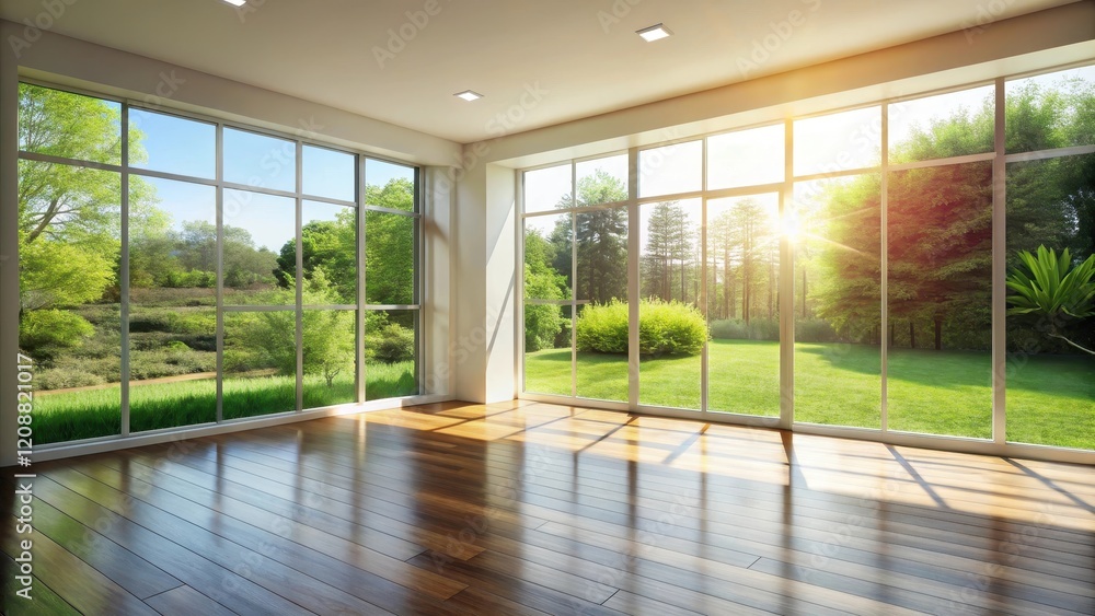Fototapeta premium Bright sunlit room with minimalist decor and large windows overlooking a garden, sunlight, room, interior design