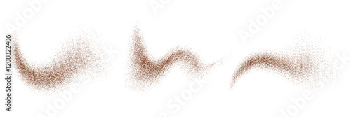 Coffee and chocolate powder dust. Isolated realistic 3d vector swirling and dusting grain waves, noisy cocoa scatters. Crumbs or granules, spicy cinnamon dust. Brown explosion, pithy sand splashes