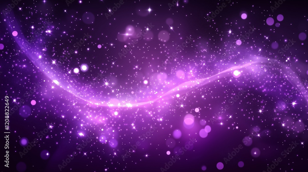 Fototapeta premium Digital purple particles wave and light abstract background with shining dots stars.