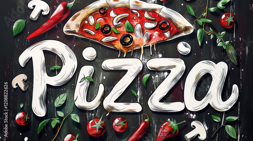 Vibrant and Colorful Pizza Illustration with Fresh Ingredients and Playful Typography Set Against a Dark Background for Culinary Designs