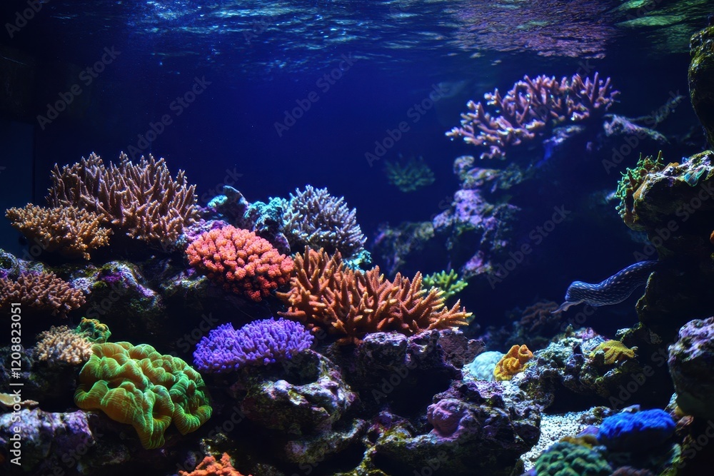 Obraz premium Vibrant Underwater Scene Featuring Colorful Coral Reefs and Marine Life in a Tranquil Aquarium Setting with Breathtaking Natural Colors and Textures