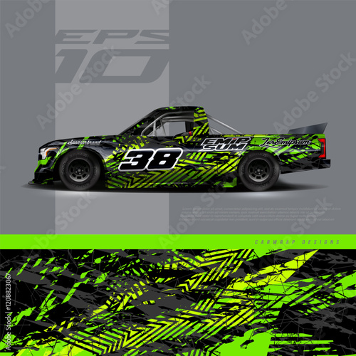 Car wrap decal graphic design. Pick up truck race abstract stripe racing background designs for wrap cargo van, race car, pickup truck, adventure vehicle. Eps 10