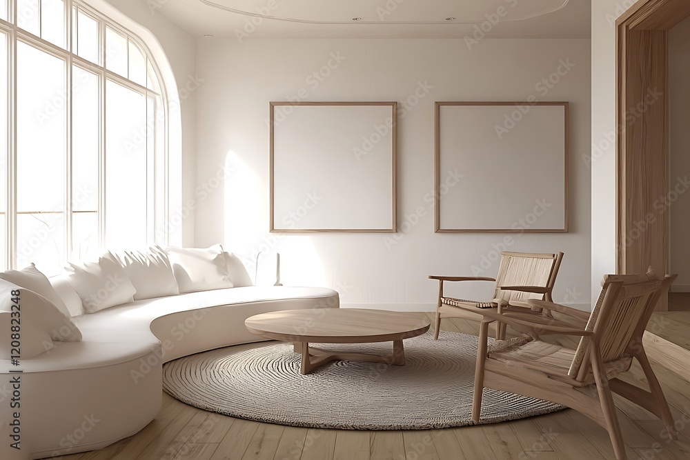 Fototapeta premium Minimalist living room curved white sofa woo